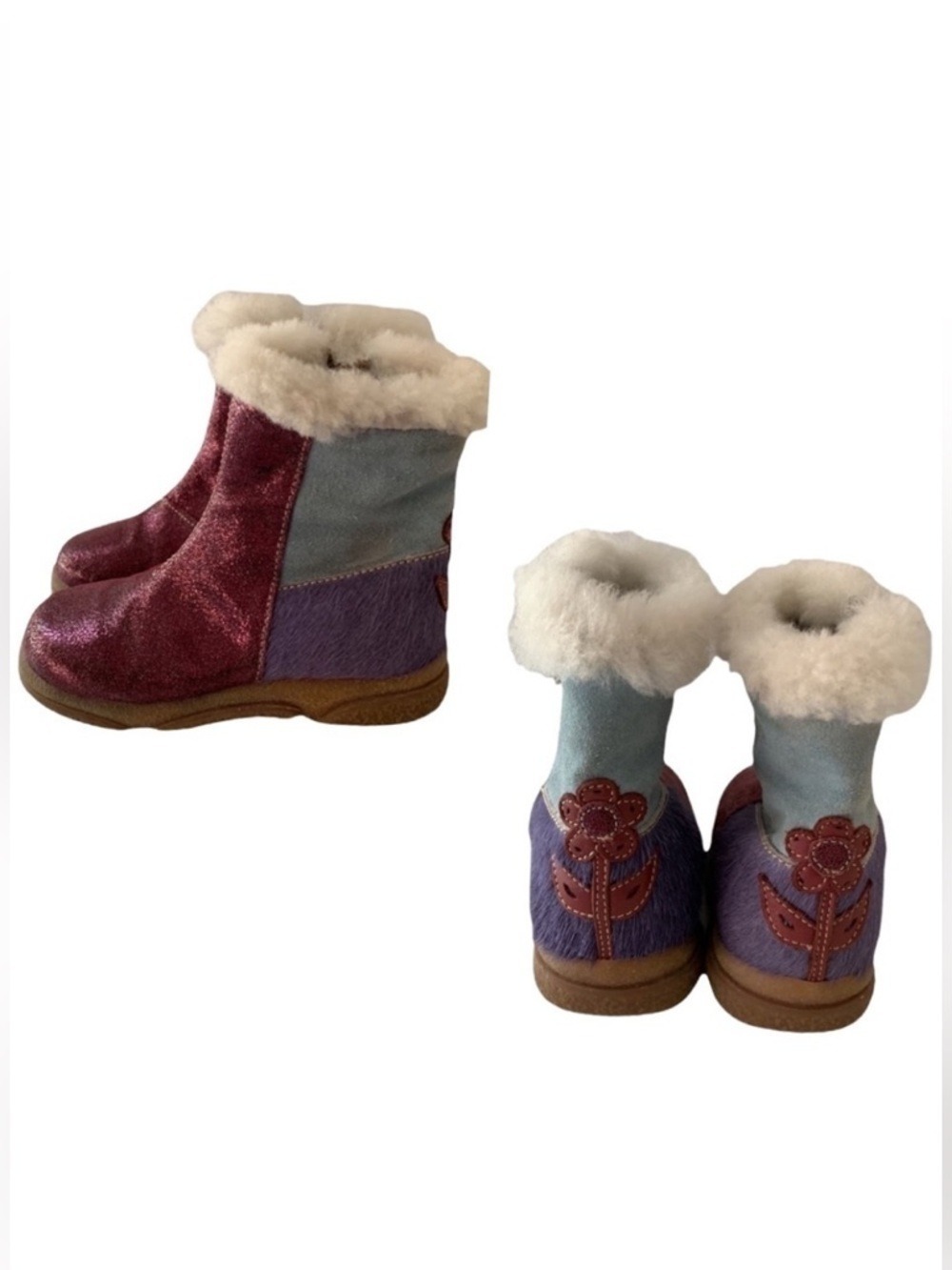 Mokine Toddler Genuine Leather Faux Fur Boots Purple Blue Made in Italy Size 6